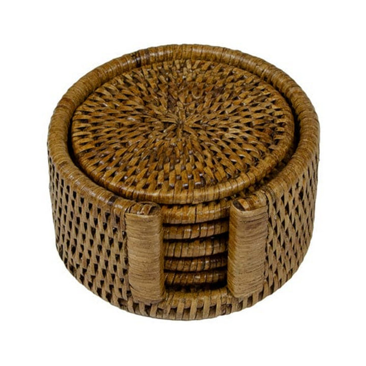 Rattan Round Coasters and Holder - Set of 6